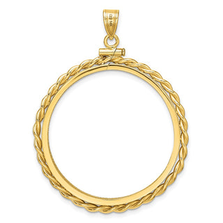 14k Yellow Gold Polished Twisted Wire and Diamond-cut 32.7mm x 3.00mm Screw Top Coin Bezel Pendant - Fits 1 oz American Eagle, 1 oz Cat, and 1 oz Krugerrand