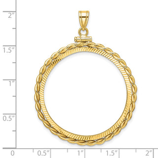 14k Yellow Gold Polished Twisted Wire and Diamond-cut 32.7mm x 3.00mm Screw Top Coin Bezel Pendant - Fits 1 oz American Eagle, 1 oz Cat, and 1 oz Krugerrand