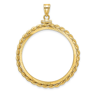 14k Yellow Gold Polished Twisted Wire and Diamond-cut 32.7mm x 3.00mm Screw Top Coin Bezel Pendant - Fits 1 oz American Eagle, 1 oz Cat, and 1 oz Krugerrand