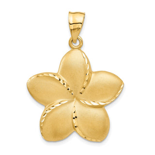 14k Yellow Gold Satin Diamond-Cut Open-Backed Large Plumeria Flower Pendant