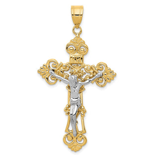 14k Yellow and White Gold Inri Budded Fleur De Lis Crucifix Pendant C243