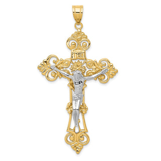 14k Yellow and White Gold Inri Budded Fleur De Lis Crucifix Pendant C244