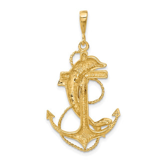 14k Yellow Gold Solid Polished Anchor w/Dolphin Pendant
