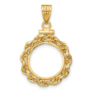 14k Yellow Gold 14mm 3mm Rope Screw Top Coin Bezel Pendant - Fits 1/20 oz Maple Leaf and Other Coins