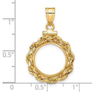 14k Yellow Gold 14mm 3mm Rope Screw Top Coin Bezel Pendant - Fits 1/20 oz Maple Leaf and Other Coins