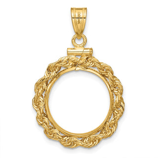 14k Yellow Gold 16mm 3mm Rope Screw Top Coin Bezel Pendant - Fits 1/10 oz Maple Leaf, Maple Leaf, and Other Coins