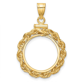 14k Yellow Gold 16mm 3mm Rope Screw Top Coin Bezel Pendant - Fits 1/10 oz Maple Leaf, Maple Leaf, and Other Coins