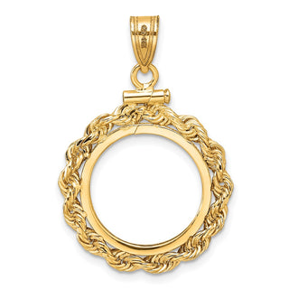 14k Yellow Gold 16.5mm 2.6mm Rope Screw Top Coin Bezel Pendant - Fits 1/10 oz American Eagle and 1/10 oz Krugerrand
