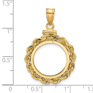 14k Yellow Gold 16.5mm 2.6mm Rope Screw Top Coin Bezel Pendant - Fits 1/10 oz American Eagle and 1/10 oz Krugerrand