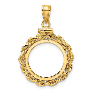 14k Yellow Gold 16.5mm 2.6mm Rope Screw Top Coin Bezel Pendant - Fits 1/10 oz American Eagle and 1/10 oz Krugerrand
