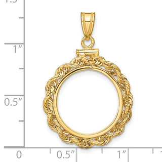 14k Yellow Gold 17.8mm 3mm Rope Screw Top Coin Bezel Pendant - Fits US $2.50 Liberty and Other Coins