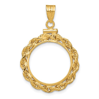 14k Yellow Gold 18mm 3mm Rope Screw Top Coin Bezel Pendant - Fits 1/10 oz Cat
