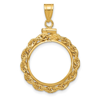 14k Yellow Gold 18mm 3mm Rope Screw Top Coin Bezel Pendant - Fits 1/10 oz Cat