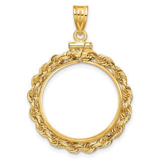 14k Yellow Gold 21.6mm 3mm Rope Screw Top Coin Bezel Pendant - Fits US $5 Bald Eagle, US $5 Congressional, US $5 Liberty, and Other Coins