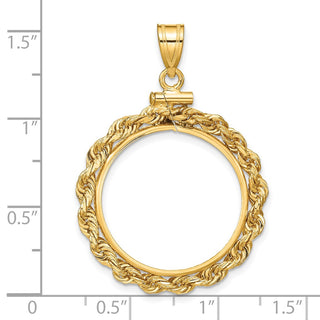 14k Yellow Gold 21.6mm 3mm Rope Screw Top Coin Bezel Pendant - Fits US $5 Bald Eagle, US $5 Congressional, US $5 Liberty, and Other Coins