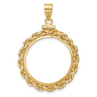 14k Yellow Gold 22mm 3mm Rope Screw Top Coin Bezel Pendant - Fits 1/4 oz American Eagle and Other Coins