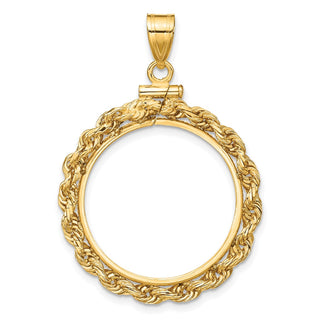 14k Yellow Gold 22mm 3mm Rope Screw Top Coin Bezel Pendant - Fits 1/4 oz American Eagle and Other Coins
