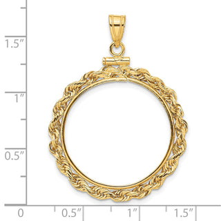 14k Yellow Gold 25.0mm 3mm Rope Screw Top Coin Bezel Pendant - Fits 1/2 oz Maple Leaf and Other Coins