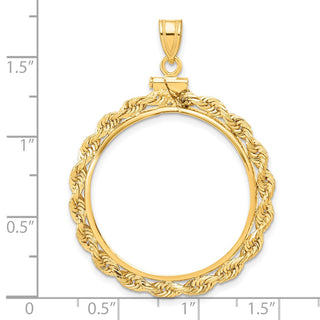 14k Yellow Gold 27mm 3mm Rope Screw Top Coin Bezel Pendant - Fits 1/2 oz American Eagle, US $10 Liberty, and Other Coins