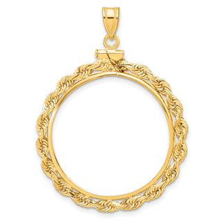 14k Yellow Gold 27mm 3mm Rope Screw Top Coin Bezel Pendant - Fits 1/2 oz American Eagle, US $10 Liberty, and Other Coins