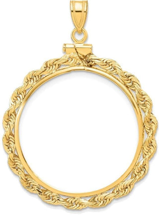 14k Yellow Gold 27mm 3mm Rope Screw Top Coin Bezel Pendant - Fits 1/2 oz American Eagle, US $10 Liberty, and Other Coins