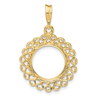 14k Yellow Gold Polished 13mm Heart Filigree Prong Coin Bezel Pendant - Fits 2 Pesos and US $1