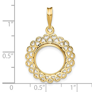 14k Yellow Gold Polished 13mm Heart Filigree Prong Coin Bezel Pendant - Fits 2 Pesos and US $1
