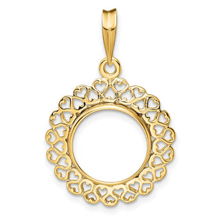 14k Yellow Gold Polished 13mm Heart Filigree Prong Coin Bezel Pendant - Fits 2 Pesos and US $1
