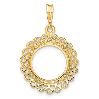 14k Yellow Gold Polished 14mm Heart Filigree Prong Coin Bezel Pendant - Fits 1/20 oz Maple Leaf and Other Coins