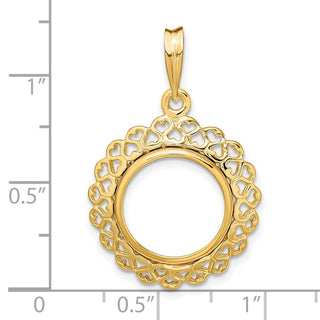 14k Yellow Gold Polished 14mm Heart Filigree Prong Coin Bezel Pendant - Fits 1/20 oz Maple Leaf and Other Coins