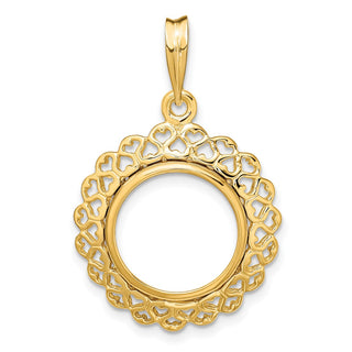14k Yellow Gold Polished 14mm Heart Filigree Prong Coin Bezel Pendant - Fits 1/20 oz Maple Leaf and Other Coins