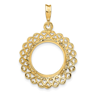 14k Yellow Gold Polished 15mm Heart Filigree Prong Coin Bezel Pendant - Fits US $1 Type 2