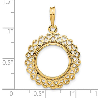 14k Yellow Gold Polished 15mm Heart Filigree Prong Coin Bezel Pendant - Fits US $1 Type 2