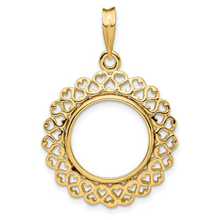 14k Yellow Gold Polished 15mm Heart Filigree Prong Coin Bezel Pendant - Fits US $1 Type 2