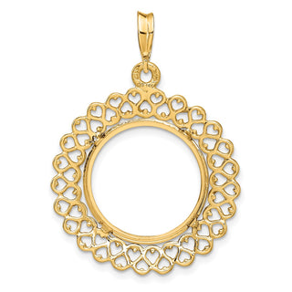 14k Yellow Gold Polished 17.8mm Heart Filigree Prong Coin Bezel Pendant - Fits US $2.50 Liberty and Other Coins
