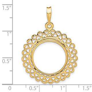 14k Yellow Gold Polished 17.8mm Heart Filigree Prong Coin Bezel Pendant - Fits US $2.50 Liberty and Other Coins
