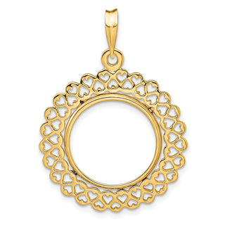 14k Yellow Gold Polished 17.8mm Heart Filigree Prong Coin Bezel Pendant - Fits US $2.50 Liberty and Other Coins
