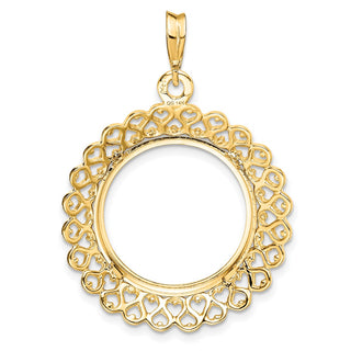 14k Yellow Gold Polished 18mm Heart Filigree Prong Coin Bezel Pendant - Fits 1/10 oz Cat