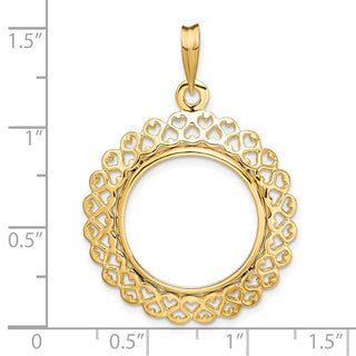 14k Yellow Gold Polished 18mm Heart Filigree Prong Coin Bezel Pendant - Fits 1/10 oz Cat