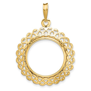 14k Yellow Gold Polished 18mm Heart Filigree Prong Coin Bezel Pendant - Fits 1/10 oz Cat