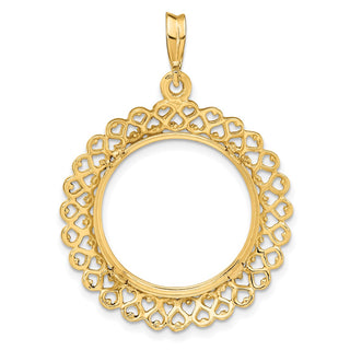14k Yellow Gold Polished 20mm Heart Filigree Prong Coin Bezel Pendant - Fits 1/4 oz Kangaroo
