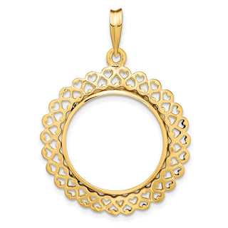 14k Yellow Gold Polished 20mm Heart Filigree Prong Coin Bezel Pendant - Fits 1/4 oz Kangaroo