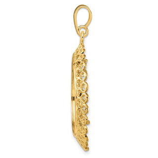 14k Yellow Gold Polished 21.6mm Heart Filigree Prong Coin Bezel Pendant - Fits US $5 Bald Eagle and US $5 Congressional