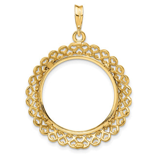 14k Yellow Gold Polished 21.6mm Heart Filigree Prong Coin Bezel Pendant - Fits US $5 Bald Eagle and US $5 Congressional