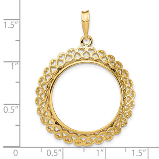 14k Yellow Gold Polished 21.6mm Heart Filigree Prong Coin Bezel Pendant - Fits US $5 Bald Eagle and US $5 Congressional