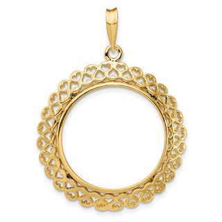 14k Yellow Gold Polished 21.6mm Heart Filigree Prong Coin Bezel Pendant - Fits US $5 Bald Eagle and US $5 Congressional