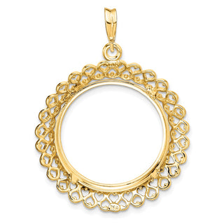 14k Yellow Gold Polished 22mm Heart Filigree Prong Coin Bezel Pendant - Fits 1/4 oz American Eagle and Other Coins