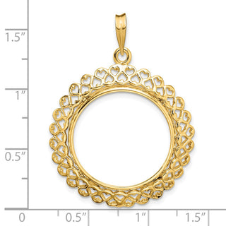 14k Yellow Gold Polished 22mm Heart Filigree Prong Coin Bezel Pendant - Fits 1/4 oz American Eagle and Other Coins