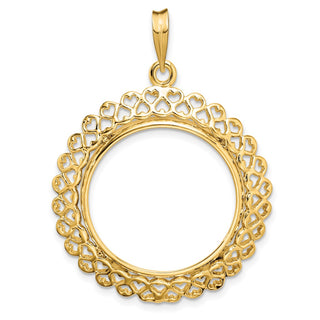 14k Yellow Gold Polished 22mm Heart Filigree Prong Coin Bezel Pendant - Fits 1/4 oz American Eagle and Other Coins