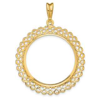 14k Yellow Gold Polished 27mm Heart Filigree Prong Coin Bezel Pendant - Fits 1/2 oz American Eagle, US $10 Liberty, and Other Coins